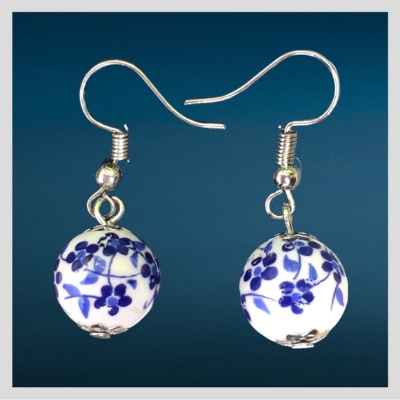 Blue Flower Ball Earrings - Picture 2 of 11
